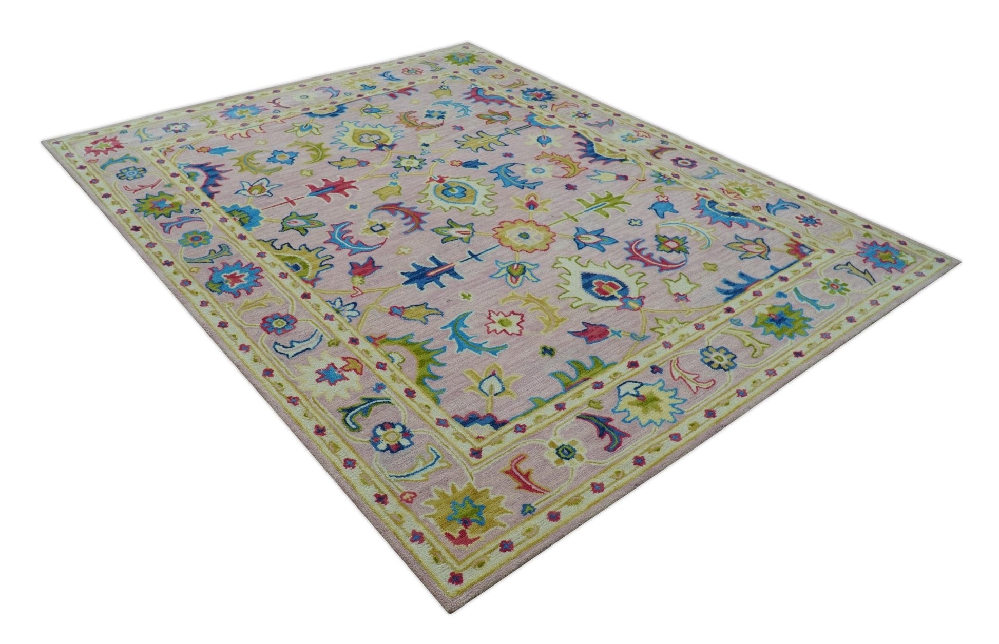 8x10 Vibrant Colorful Pink, Olive and Blue Oriental Oushak Hand Tufted area rug - Nuvé