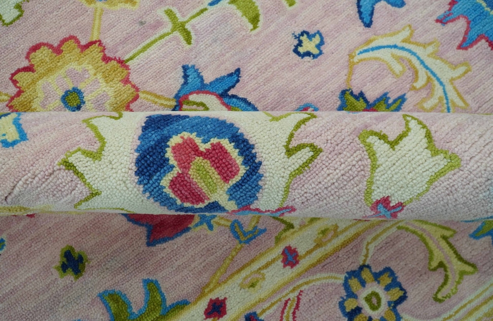 8x10 Vibrant Colorful Pink, Olive and Blue Oriental Oushak Hand Tufted area rug - Nuvé