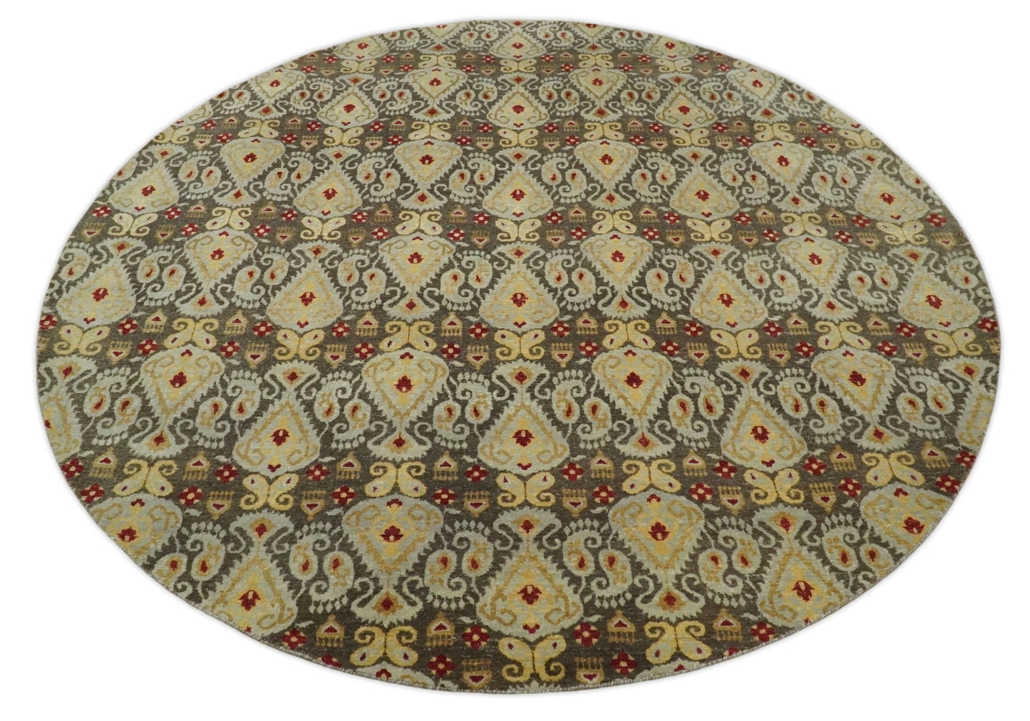 8x8 Round Fine Hand Knotted Brown and Beige Traditional Vintage Persian Style Antique Wool Rug | AGR48 - Nuvé