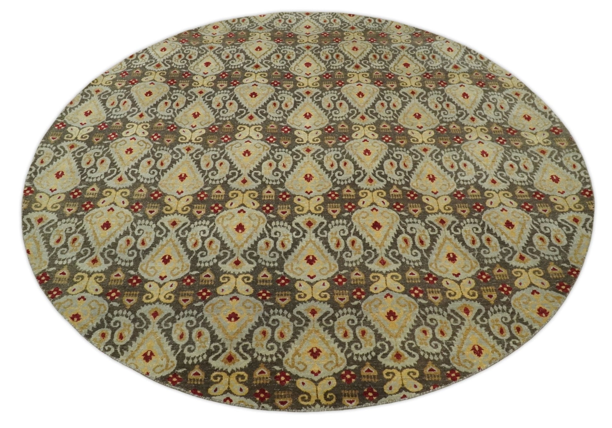 8x8 Round Fine Hand Knotted Brown and Beige Traditional Vintage Persian Style Antique Wool Rug | AGR48 - Nuvé