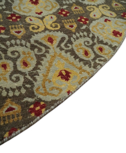 8x8 Round Fine Hand Knotted Brown and Beige Traditional Vintage Persian Style Antique Wool Rug | AGR48 - Nuvé
