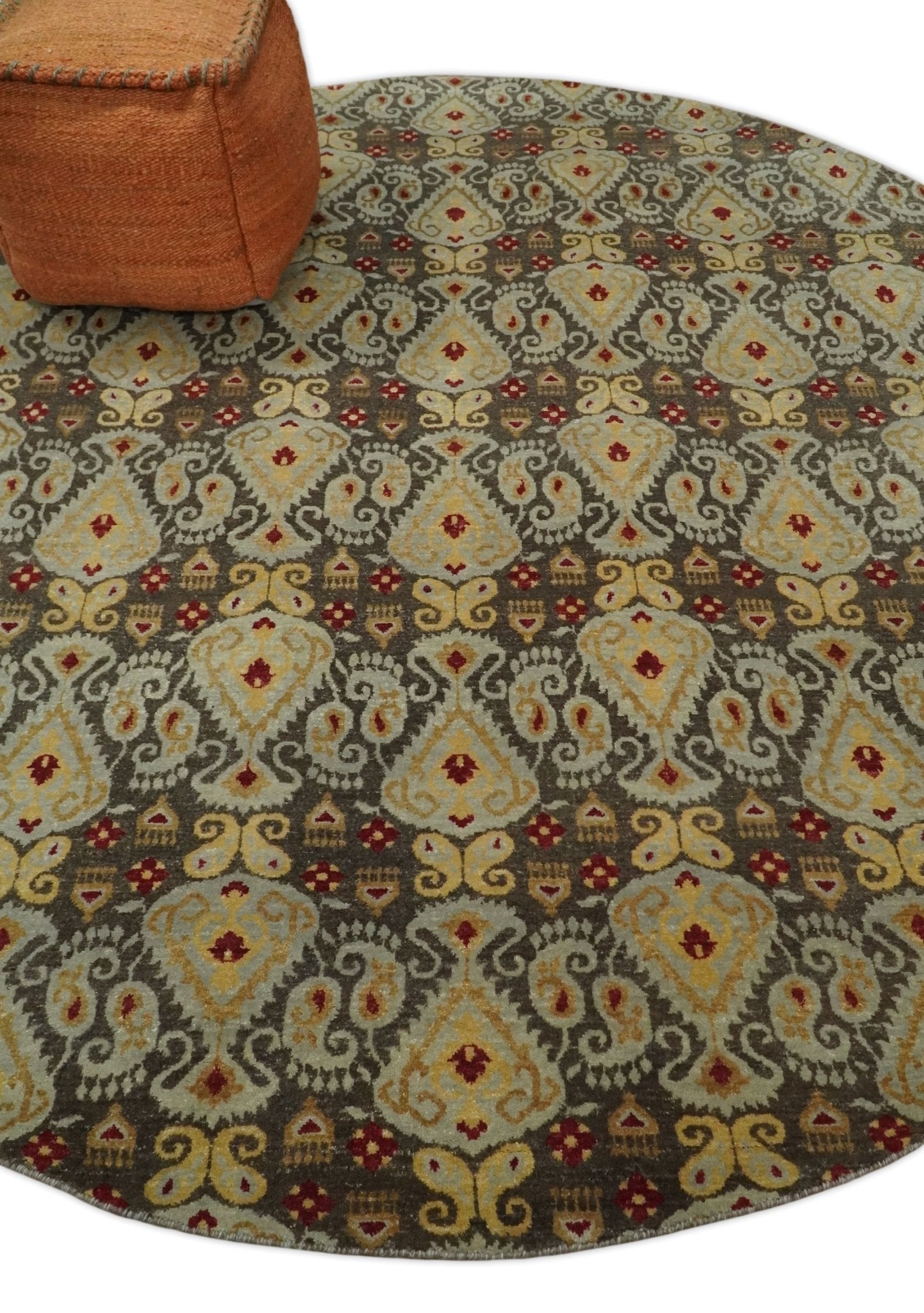 8x8 Round Fine Hand Knotted Brown and Beige Traditional Vintage Persian Style Antique Wool Rug | AGR48 - Nuvé