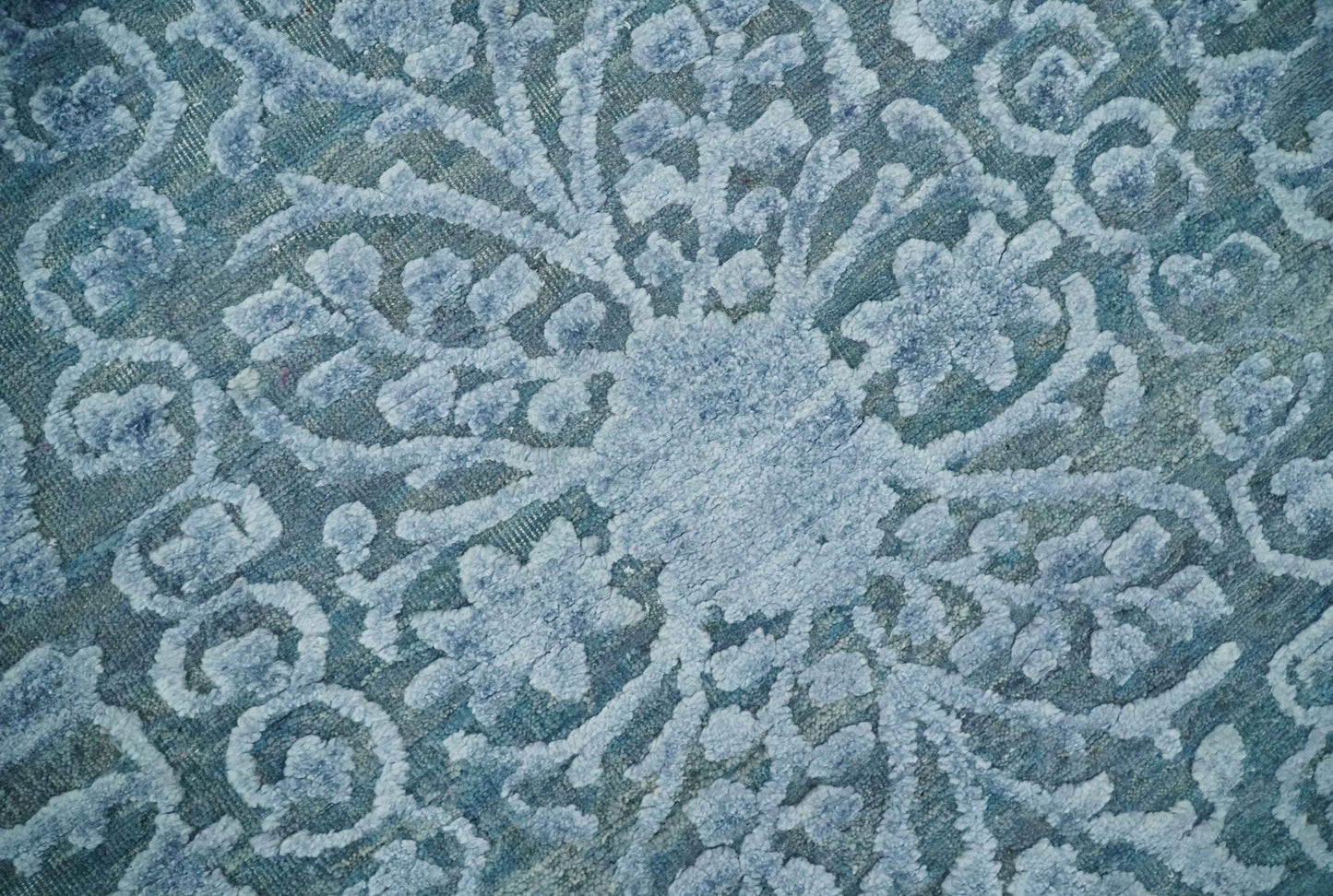 8x9.7 Blue Antique Style, Distressed Finish Hand Carved Traditional Medalian Hand Knotted Wool and Silk Rug - Nuvé