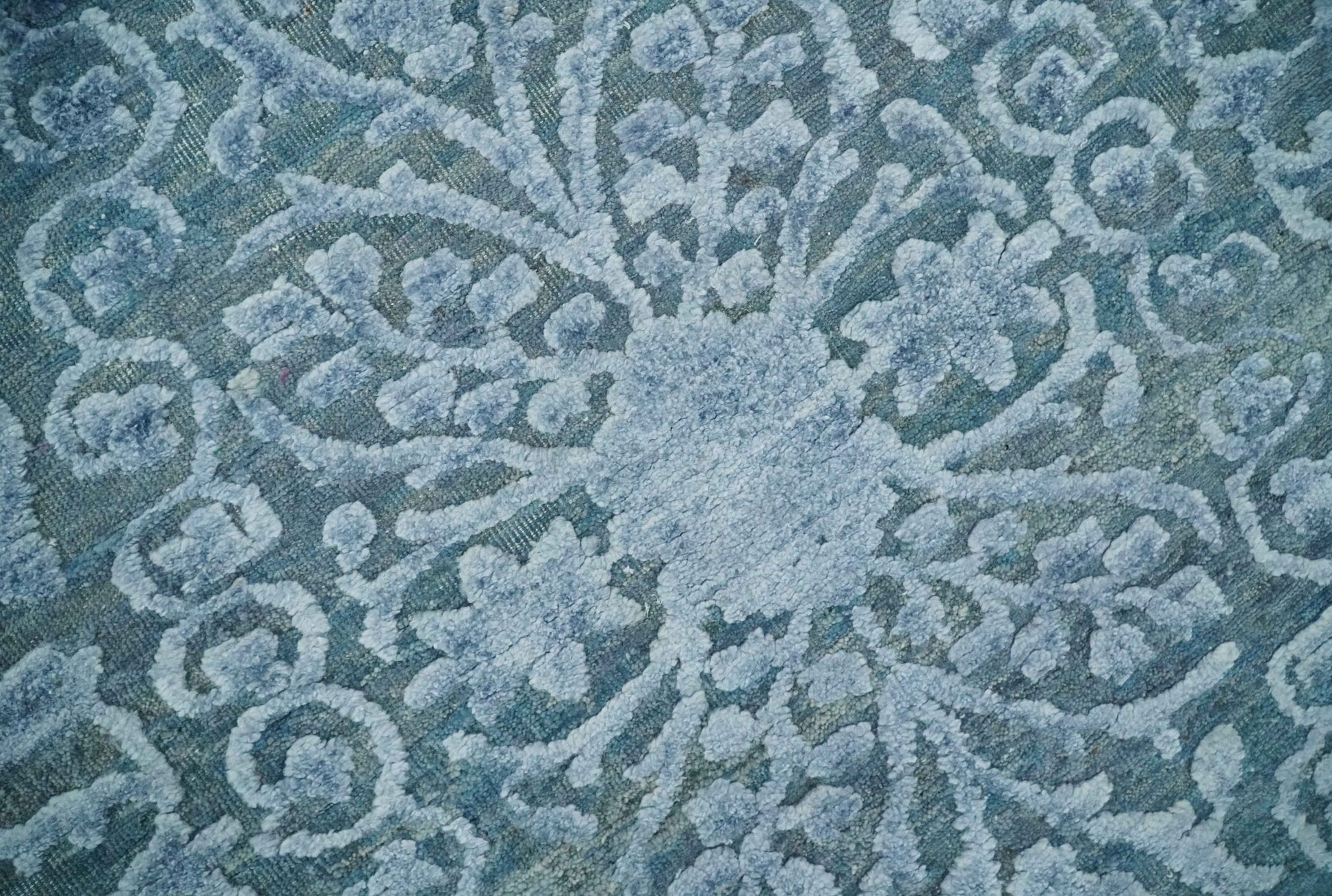 8x9.7 Blue Antique Style, Distressed Finish Hand Carved Traditional Medalian Hand Knotted Wool and Silk Rug - Nuvé