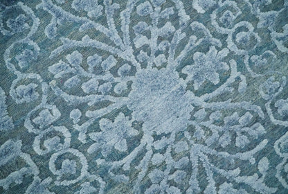 8x9.7 Blue Antique Style, Distressed Finish Hand Carved Traditional Medalian Hand Knotted Wool and Silk Rug - Nuvé