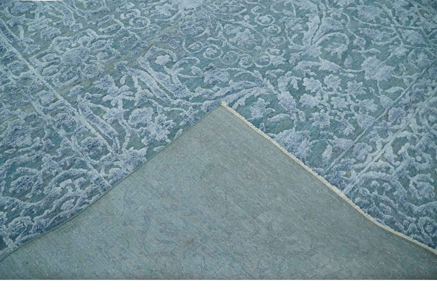 8x9.7 Blue Antique Style, Distressed Finish Hand Carved Traditional Medalian Hand Knotted Wool and Silk Rug - Nuvé