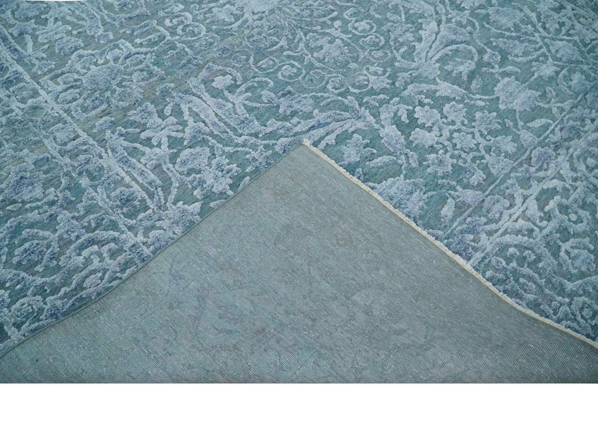 8x9.7 Blue Antique Style, Distressed Finish Hand Carved Traditional Medalian Hand Knotted Wool and Silk Rug - Nuvé