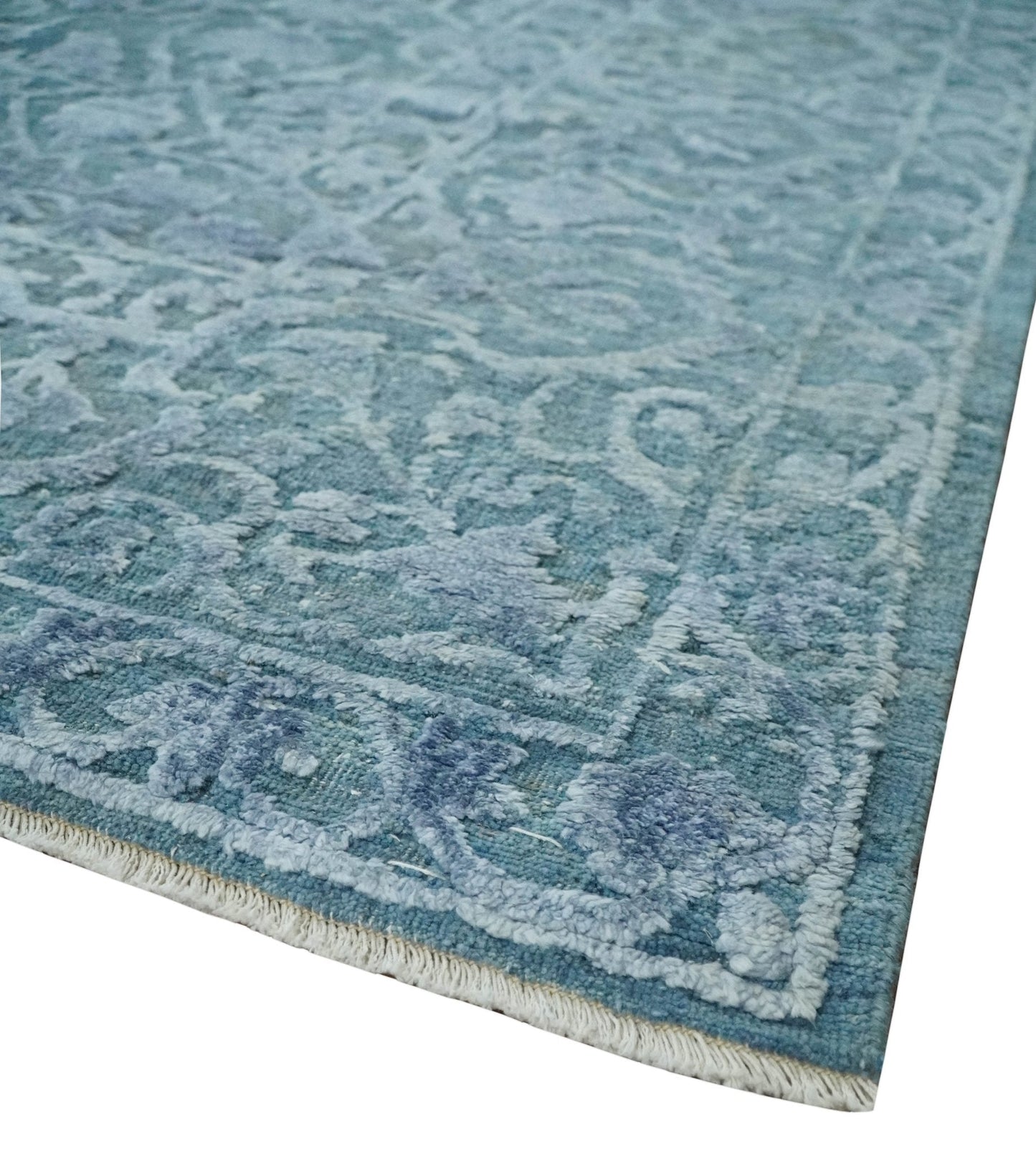 8x9.7 Blue Antique Style, Distressed Finish Hand Carved Traditional Medalian Hand Knotted Wool and Silk Rug - Nuvé