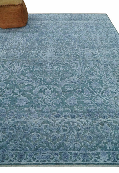 8x9.7 Blue Antique Style, Distressed Finish Hand Carved Traditional Medalian Hand Knotted Wool and Silk Rug - Nuvé
