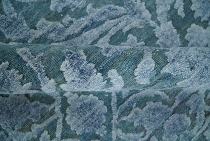 8x9.7 Blue Antique Style, Distressed Finish Hand Carved Traditional Medalian Hand Knotted Wool and Silk Rug - Nuvé