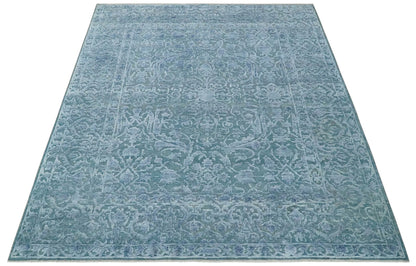 8x9.7 Blue Antique Style, Distressed Finish Hand Carved Traditional Medalian Hand Knotted Wool and Silk Rug - Nuvé