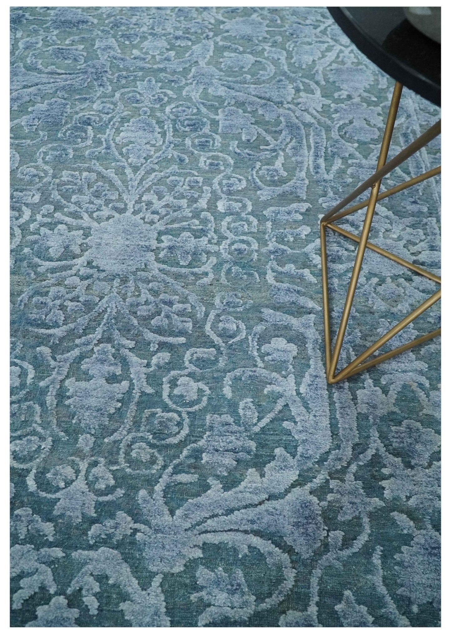 8x9.7 Blue Antique Style, Distressed Finish Hand Carved Traditional Medalian Hand Knotted Wool and Silk Rug - Nuvé