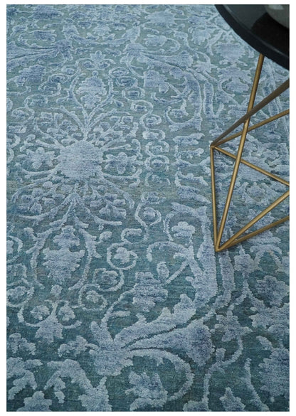 8x9.7 Blue Antique Style, Distressed Finish Hand Carved Traditional Medalian Hand Knotted Wool and Silk Rug - Nuvé