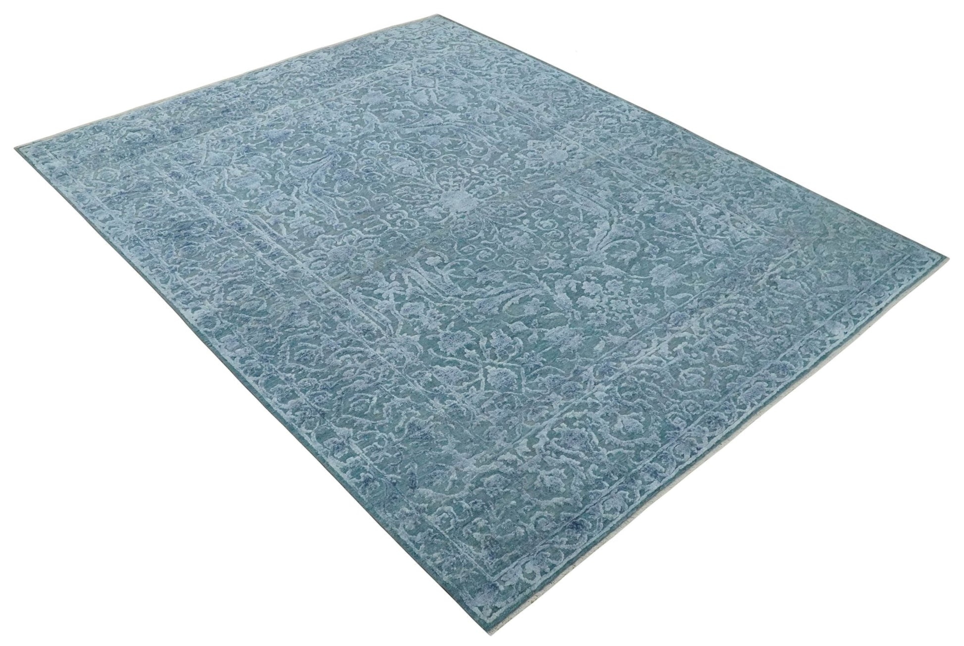 8x9.7 Blue Antique Style, Distressed Finish Hand Carved Traditional Medalian Hand Knotted Wool and Silk Rug - Nuvé
