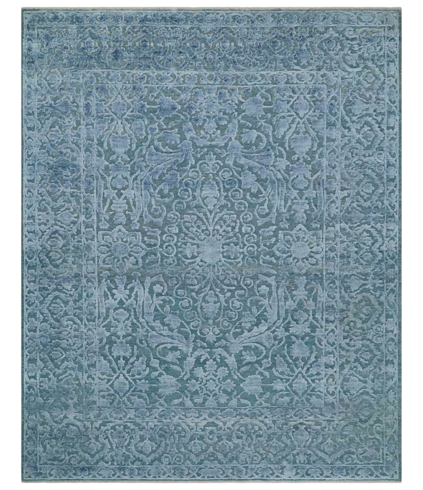 8x9.7 Blue Antique Style, Distressed Finish Hand Carved Traditional Medalian Hand Knotted Wool and Silk Rug - Nuvé