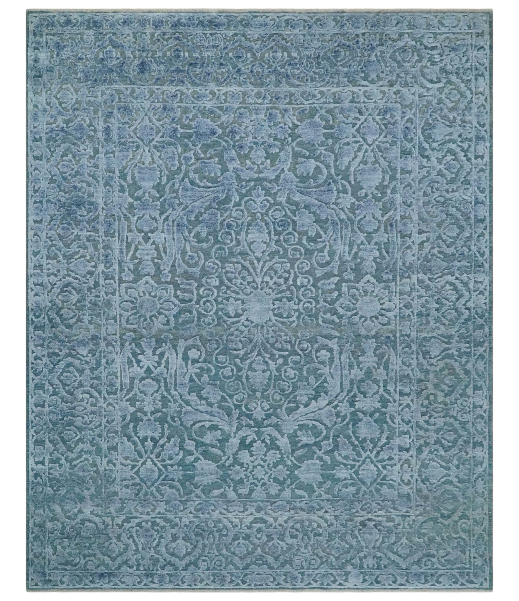 8x9.7 Blue Antique Style, Distressed Finish Hand Carved Traditional Medalian Hand Knotted Wool and Silk Rug - Nuvé
