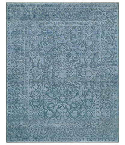 8x9.7 Blue Antique Style, Distressed Finish Hand Carved Traditional Medalian Hand Knotted Wool and Silk Rug - Nuvé