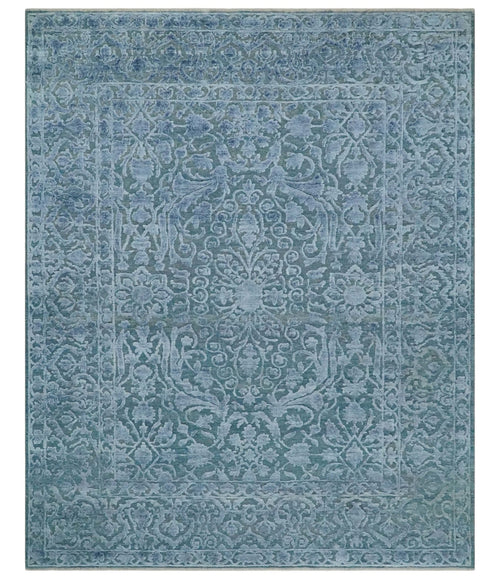 8x9.7 Blue Antique Style, Distressed Finish Hand Carved Traditional Medalian Hand Knotted Wool and Silk Rug - Nuvé