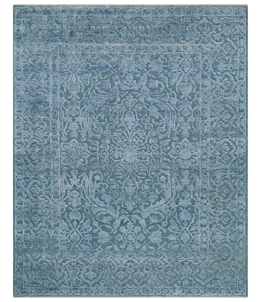 8x9.7 Blue Antique Style, Distressed Finish Hand Carved Traditional Medalian Hand Knotted Wool and Silk Rug - Nuvé