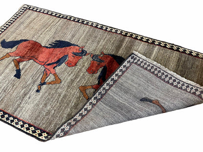 4 X 7 Handmade Hand-Knotted Quality Wool Rug Pictorial Horses Veggie Dyes Tribal - Nuvé