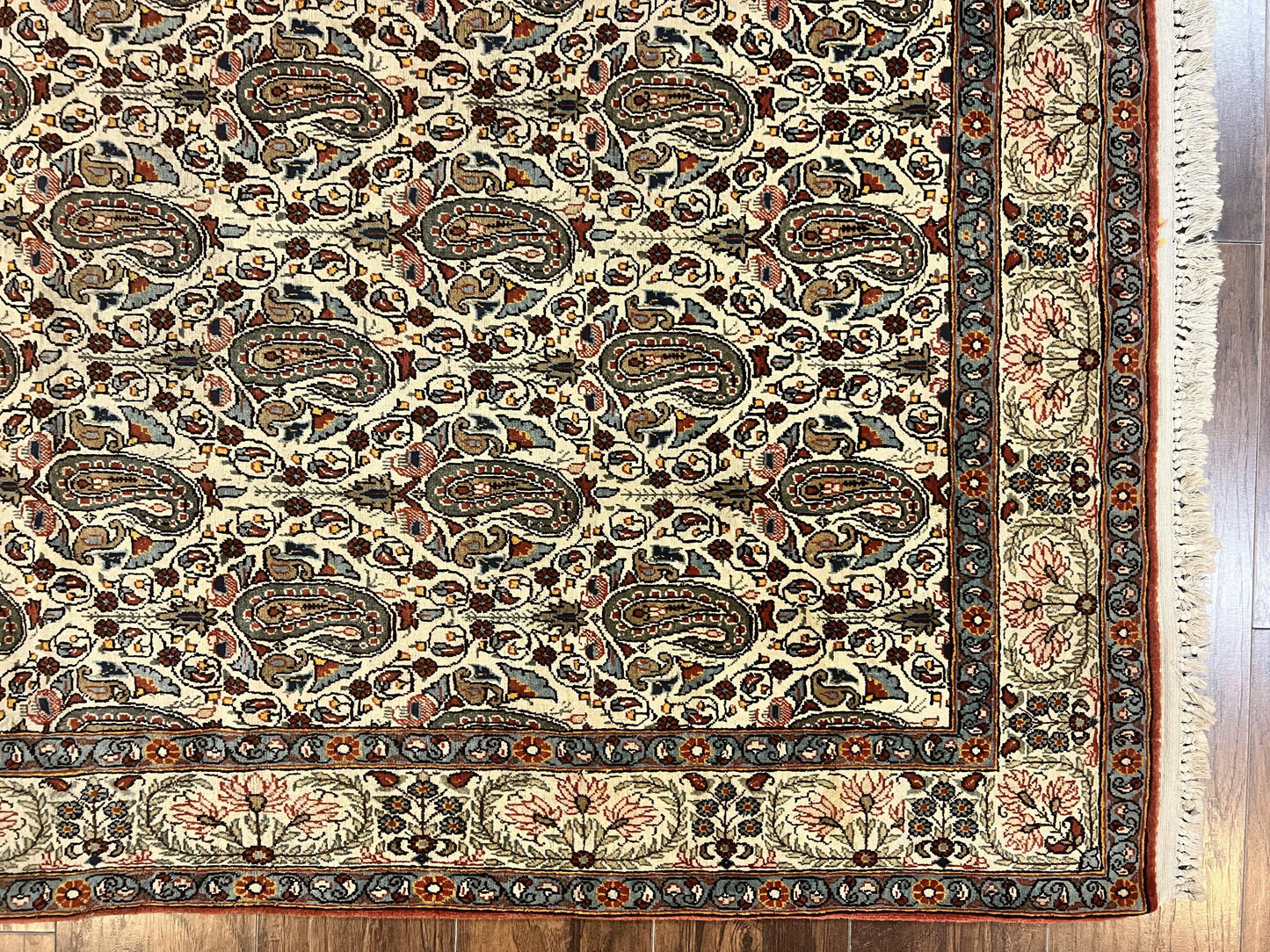 Persian Qum Rug 5x6, Cream Wool Hand Knotted Carpet, Repeated Boteh Paisely Design, Semi Antique Vintage Rug, Very Fine Weave 5 x 6 Rug - Nuvé