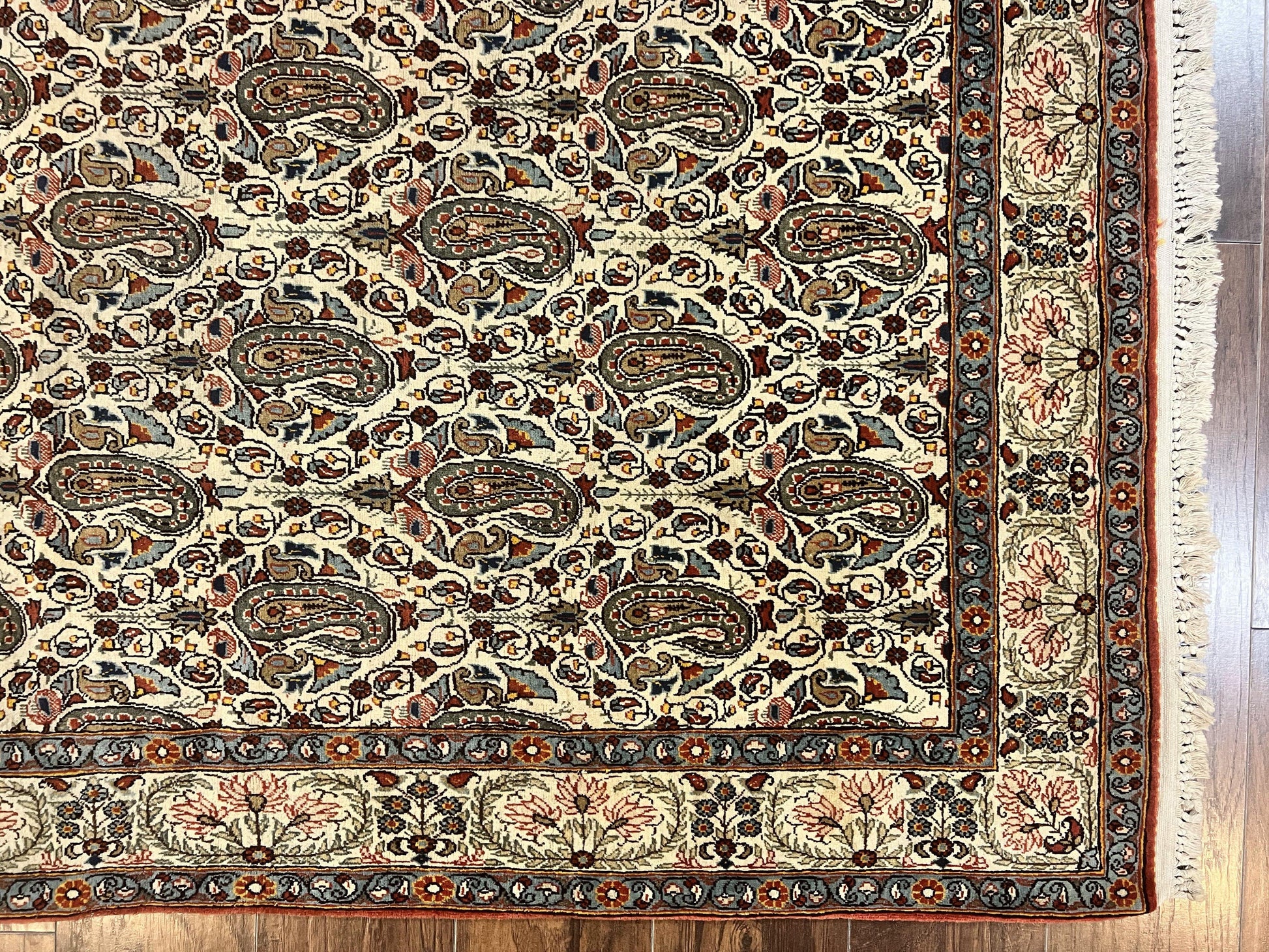 Persian Qum Rug 5x6, Cream Wool Hand Knotted Carpet, Repeated Boteh Paisely Design, Semi Antique Vintage Rug, Very Fine Weave 5 x 6 Rug - Nuvé