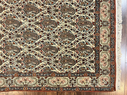 Persian Qum Rug 5x6, Cream Wool Hand Knotted Carpet, Repeated Boteh Paisely Design, Semi Antique Vintage Rug, Very Fine Weave 5 x 6 Rug - Nuvé