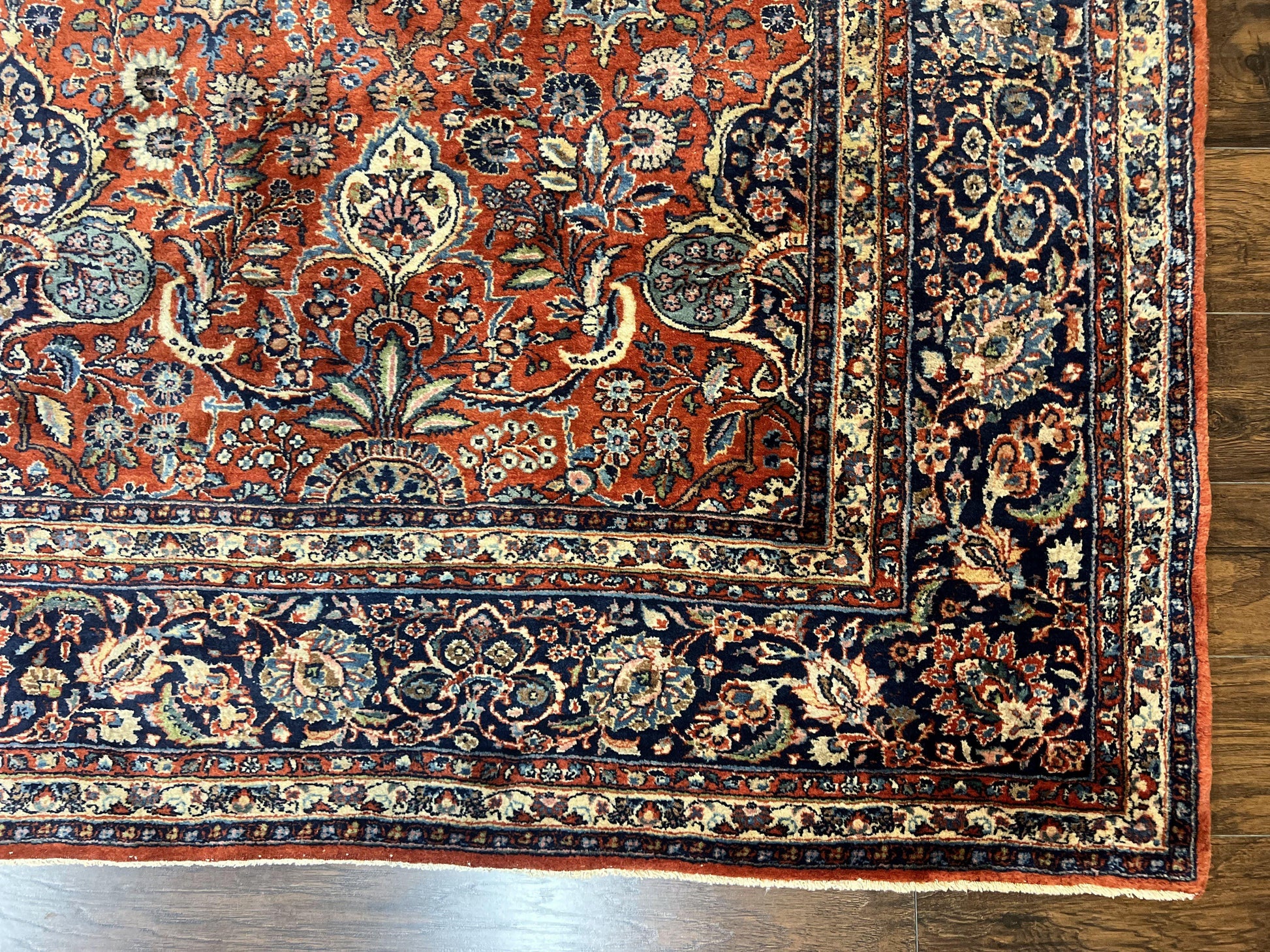Persian Sarouk Rug 9x12, Red and Dark Blue Floral Allover Antique Persian Carpet, Handmade Wool Qazvin Rug - Nuvé