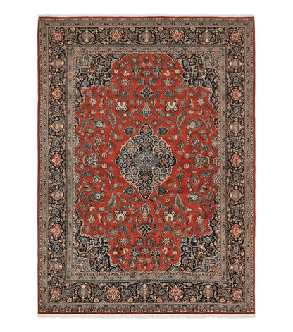 Red Persian Kashan Rug 10x14, Hand-Knotted Semi Antique Floral Medallion Handmade Wool Carpet, Red & Navy Blue