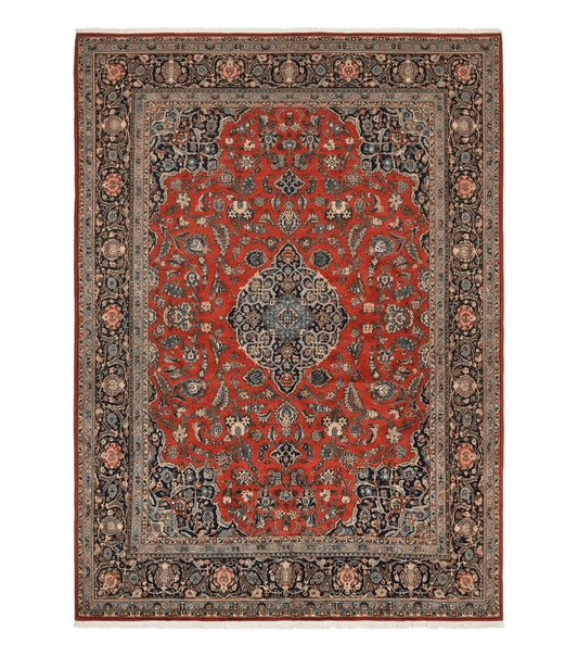 Red Persian Kashan Rug 10x14, Hand-Knotted Semi Antique Floral Medallion Handmade Wool Carpet, Red & Navy Blue
