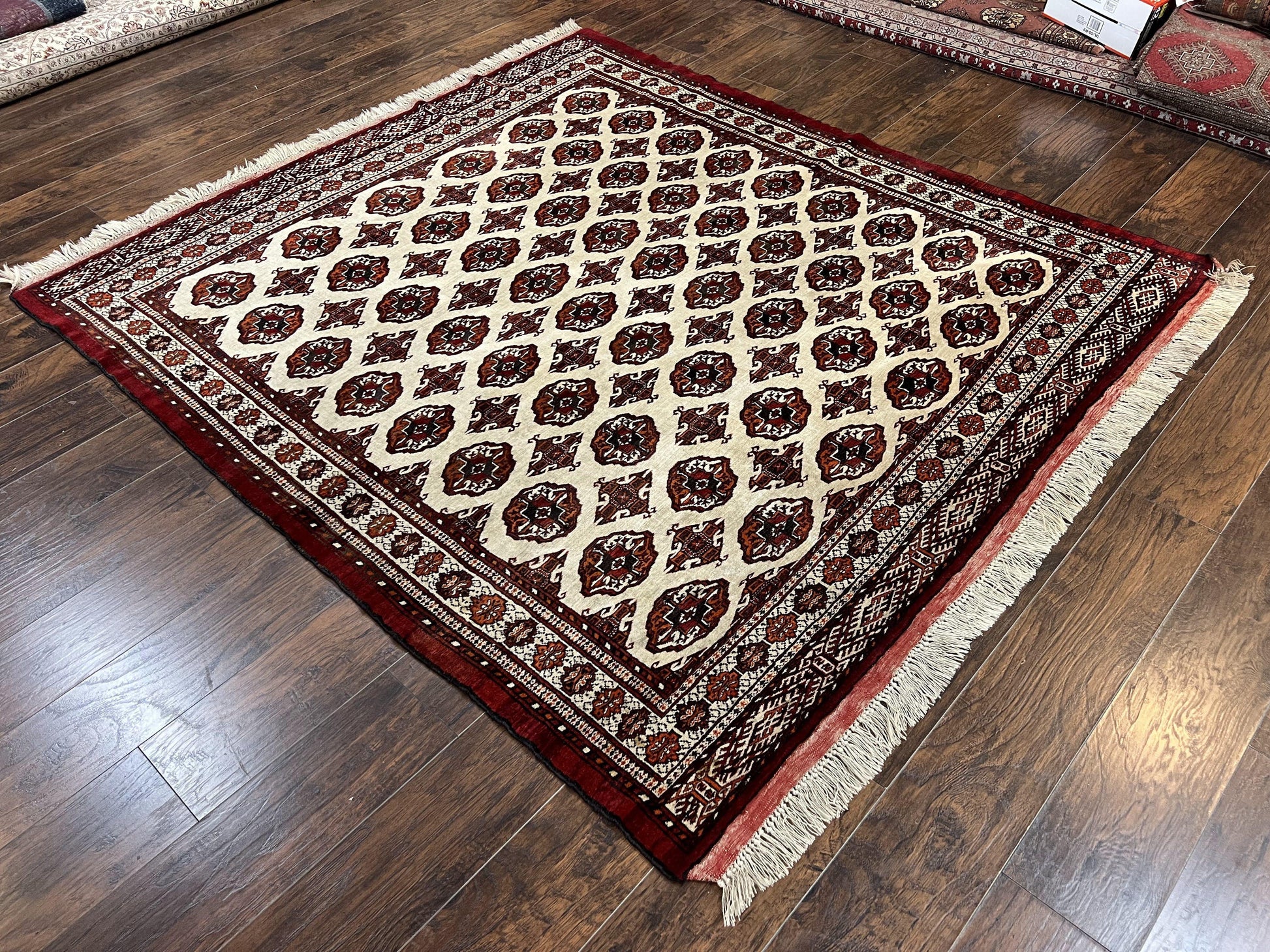 Persian Turkoman Rug 7x8, Almost Square Rare, Hand Knotted, Yamud, Bohemian Rug, Handmade Tribal Rug, Cream Red, Handmade Oriental Carpet - Nuvé