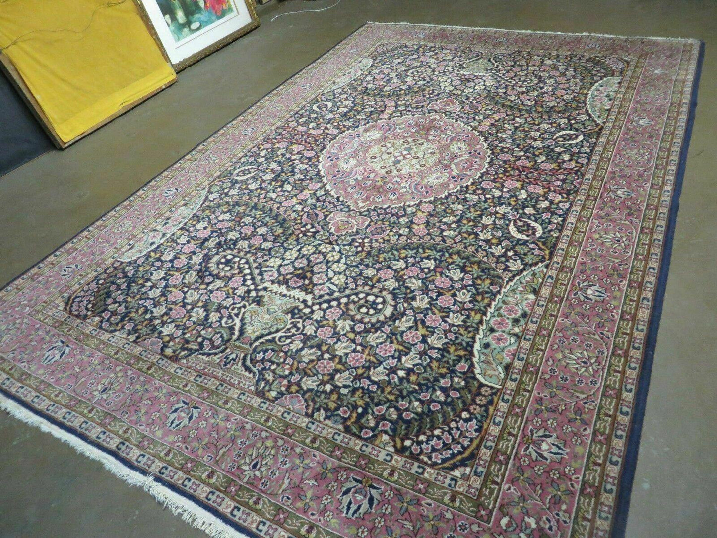Turkish Sivas Rug 7x11, Navy Blue & Pink, Millifluer Floral Wool Carpet, Vintage - Nuvé