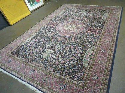 Turkish Sivas Rug 7x11, Navy Blue & Pink, Millifluer Floral Wool Carpet, Vintage - Nuvé