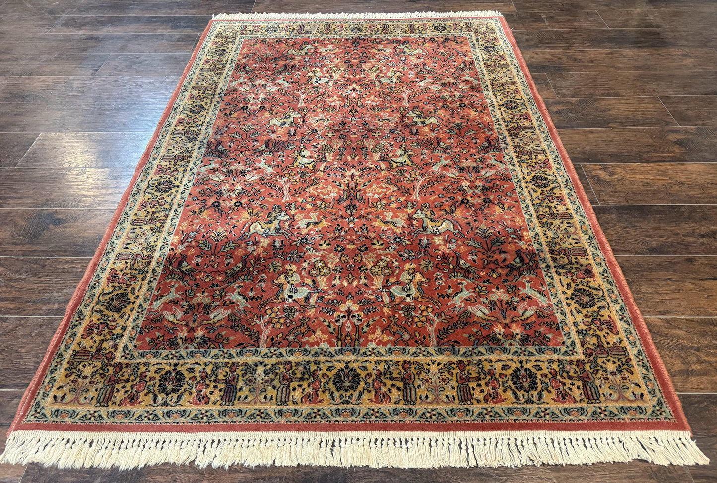 Persian Hunting Design Rug 4.7 x 6.5, Hunting Scene, Red-Orange, Wool, Belgian Power Loomed Carpet - Nuvé