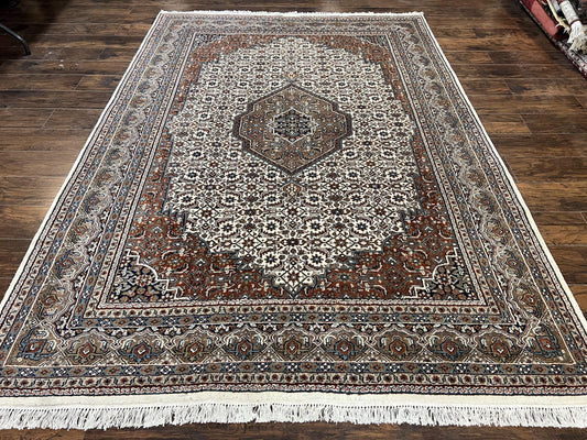 Indo Persian Rug 7x10 ft, Hand Knotted Wool Vintage Oriental Carpet 7 x 10, Traditional Handmade Herati Bidjar Cream Rug, Medallion Rug - Nuvé