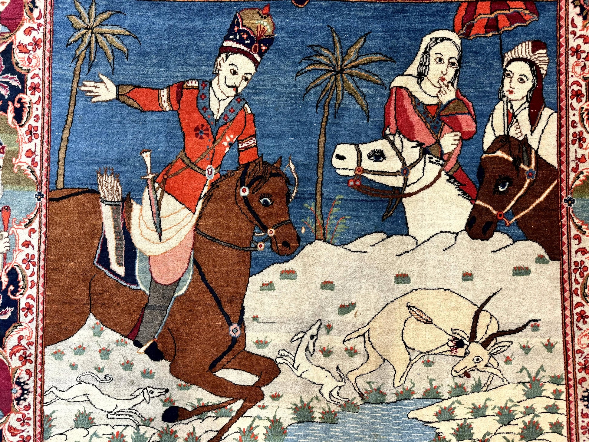 Rare Persian Kashan Pictorial Rug 6x9, King Bahram Hunting Scene, Persian Kings, Hand Knotted Persian Rug for Wall Hanging, Antique, Wool - Nuvé
