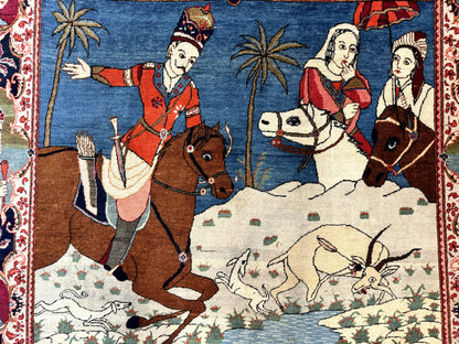 Rare Persian Kashan Pictorial Rug 6x9, King Bahram Hunting Scene, Persian Kings, Hand Knotted Persian Rug for Wall Hanging, Antique, Wool - Nuvé