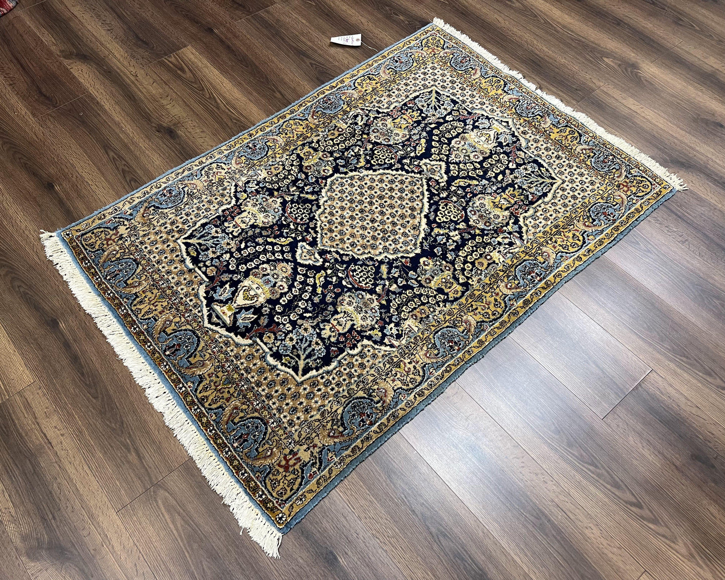 Fine Persian Qum Rug 3x5, Semi Antique Vintage Oriental Ghom Carpet, Floral Medallion, Highly Detailed, Hand Knotted, Navy Blue, Wool Area Rug, Birds - Nuvé