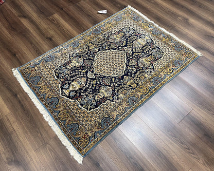 Fine Persian Qum Rug 3x5, Semi Antique Vintage Oriental Ghom Carpet, Floral Medallion, Highly Detailed, Hand Knotted, Navy Blue, Wool Area Rug, Birds - Nuvé