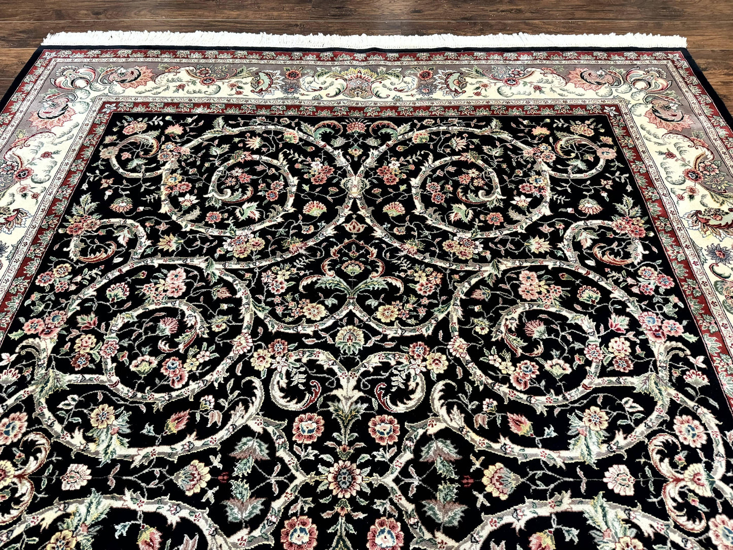 Black Pak Persian Rug 8x11, Floral Pattern, Hand Knotted Vintage Wool Rug with Silk Highlights, Fine 200 KPSI - Nuvé