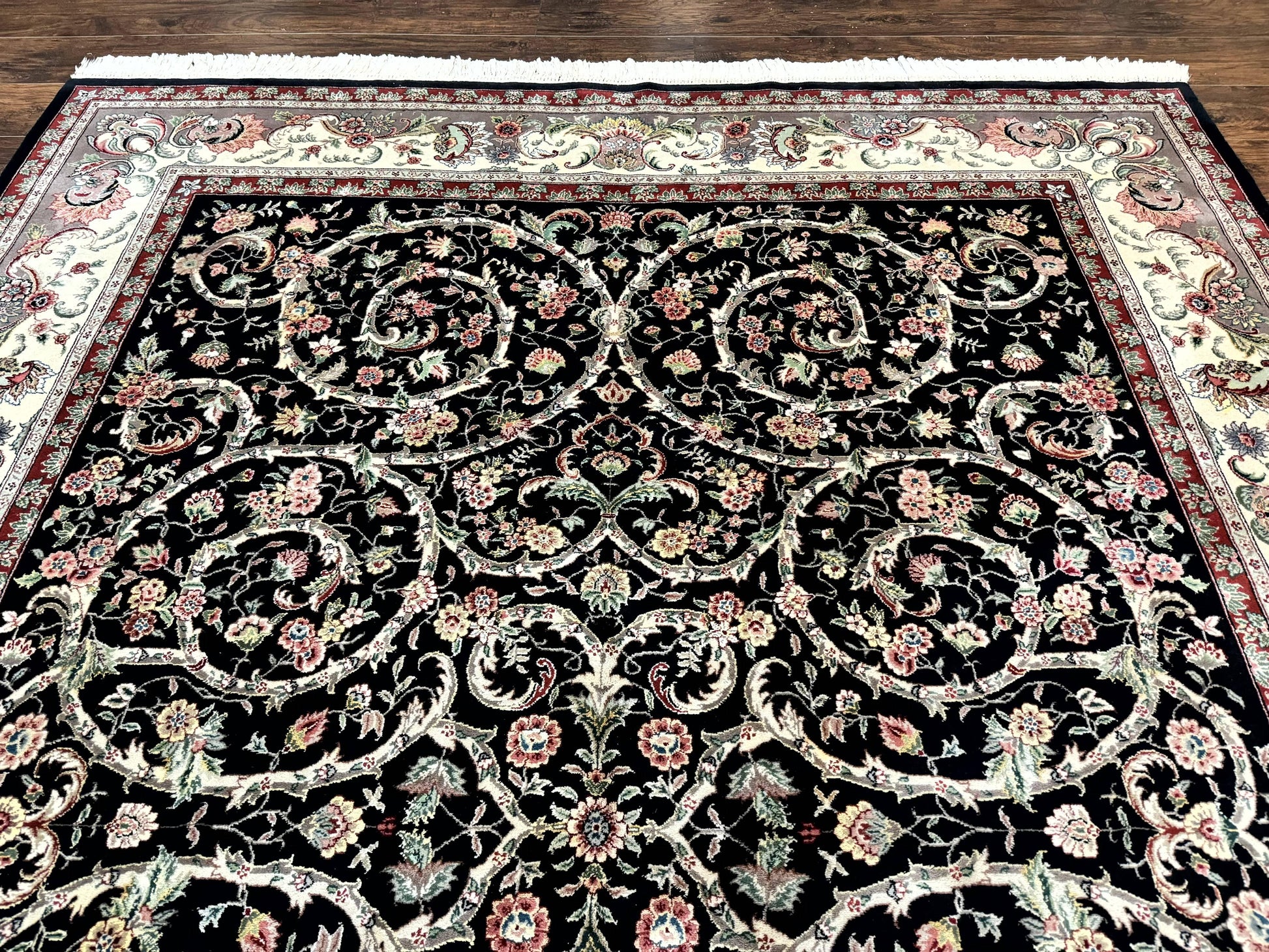 Black Pak Persian Rug 8x11, Floral Pattern, Hand Knotted Vintage Wool Rug with Silk Highlights, Fine 200 KPSI - Nuvé