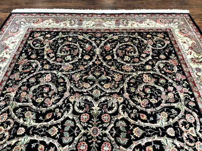 Black Pak Persian Rug 8x11, Floral Pattern, Hand Knotted Vintage Wool Rug with Silk Highlights, Fine 200 KPSI - Nuvé