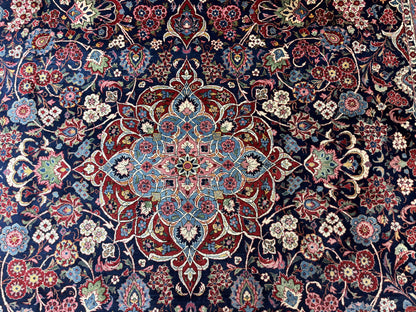 Navy Blue Persian Rug 9x12, Antique Persian Carpet, Kork Wool, 200 KPSI, Persian Kashan Rug - Nuvé
