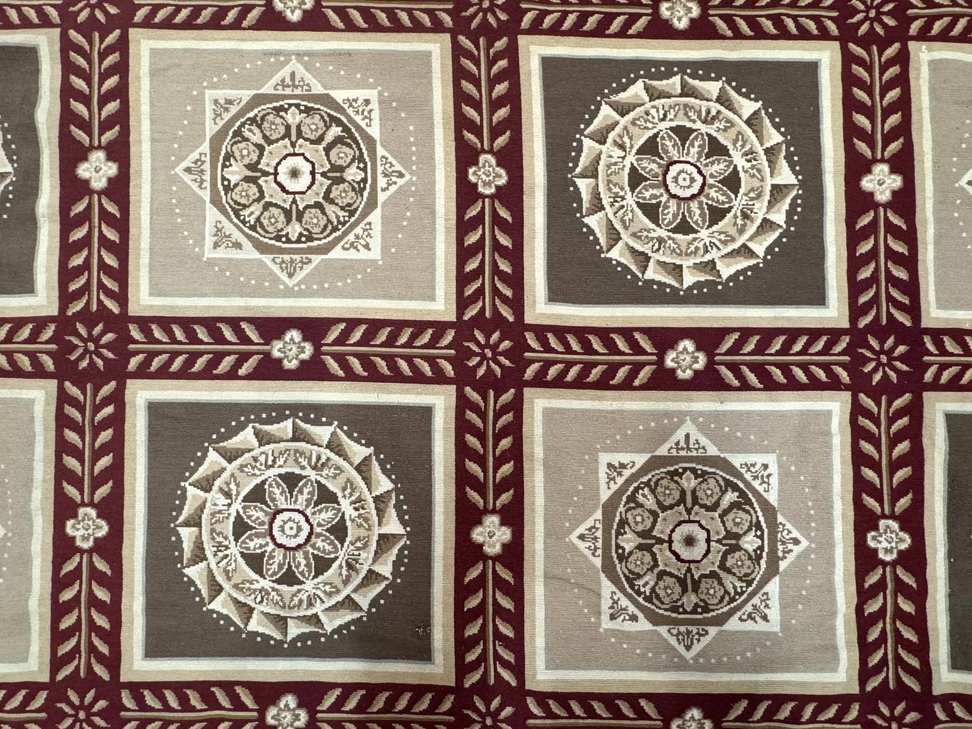 Needlepoint Rug 9x12, Panel Design, Burgundy Taupe, Elegant - Nuvé