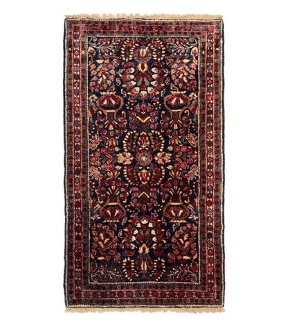Small Navy Blue Persian Rug 2x4, Sarouk Rug, Rare Colors, Antique 1920s Wool Rug