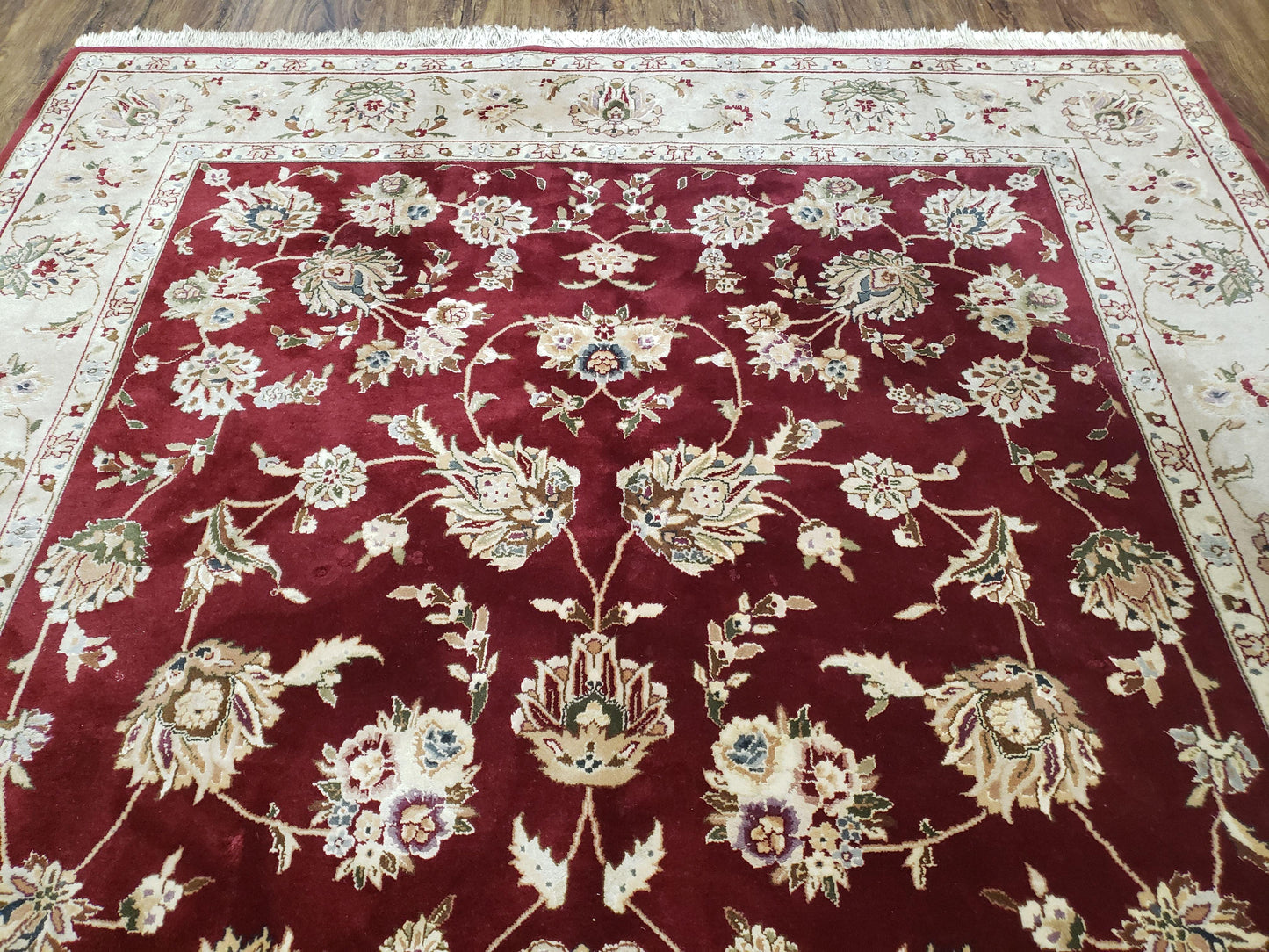 Vintage Traditional Oriental Area Rug, Hand-Knotted, Wool & Silk Accents, Maroon Red and Beige, 6x9 Carpet, 5' 9" x 9' - Nuvé