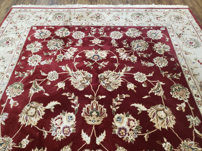 Vintage Traditional Oriental Area Rug, Hand-Knotted, Wool & Silk Accents, Maroon Red and Beige, 6x9 Carpet, 5' 9" x 9' - Nuvé