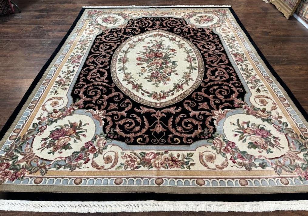 Aubusson Rug 8x10, Floral, Wool Pile, Elegant, European Design, Handmade, Fine - Nuvé