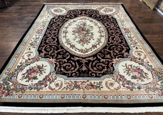 Aubusson Rug 8x10, Floral, Wool Pile, Elegant, European Design, Handmade, Fine - Nuvé