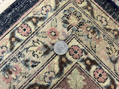 Sino Persian Rug 9x12, Navy Blue and Pink Hand Knotted Wool and Silk Highlights Vintage Oriental Carpet, Handmade Floral Area Rug 9 x 12 ft - Nuvé